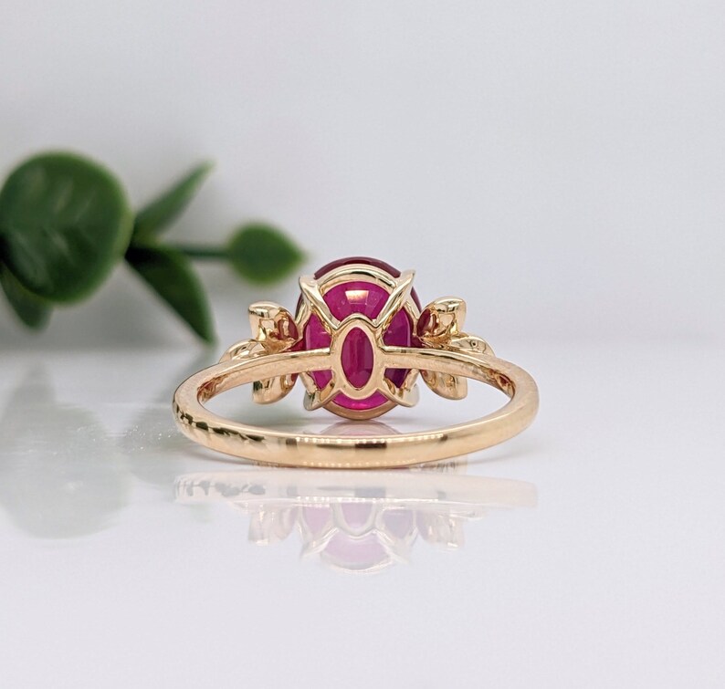 Radiant Red Ruby Ring in 14K Yellow, White or Rose Gold w/ Natural Diamond Accents Oval 10x8mm Floral Design July Birthstone Custom image 3