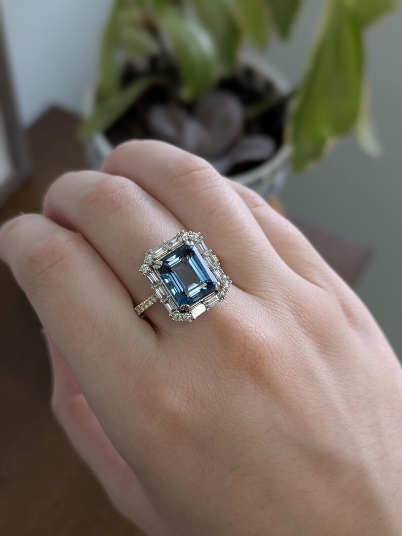 11x9mm 5.45cts London Blue Topaz and Earth Mined Diamonds Ring in 14k Dual Gold