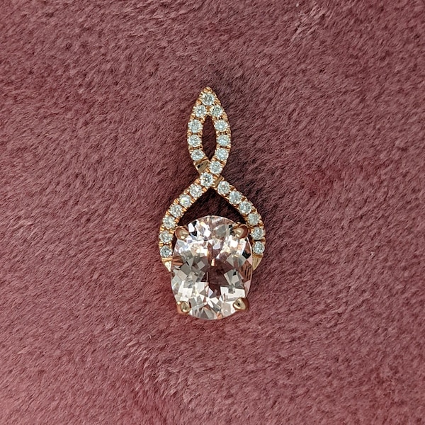 1.7ct Morganite Pendant W Earth Mined Diamonds in Solid 14k Rose Gold Oval 9x7mm