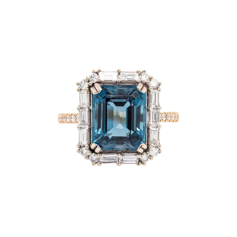 11x9mm 5.45cts London Blue Topaz and Earth Mined Diamonds Ring in 14k Dual Gold