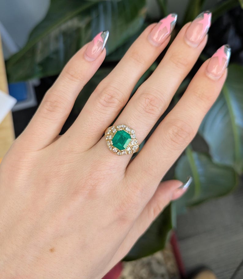 Gia Certified 2.0cts Colombian Emerald Diamond Ring in 14k Gold | Emerald Cut 9x7mm image 2