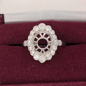 Oval Ring Semi Mount in Solid 14k White, Yellow or Rose Gold w Round Diamond Accents and Milgrain Details | Oval 9x8mm | Gemstone Setting