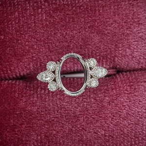 Vintage Inspired Ring Semi Mount with Milgrain Detail and Natural Diamond Accents in 14k Solid White Gold | Oval Basket 8x6mm | Customizable