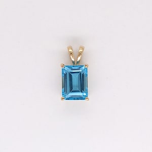 Solitaire Swiss Blue Topaz Pendant in Solid 14k White, Yellow or Rose Gold | Emerald Cut | Rabbit Bail | Blue Gemstone | November | Sizes