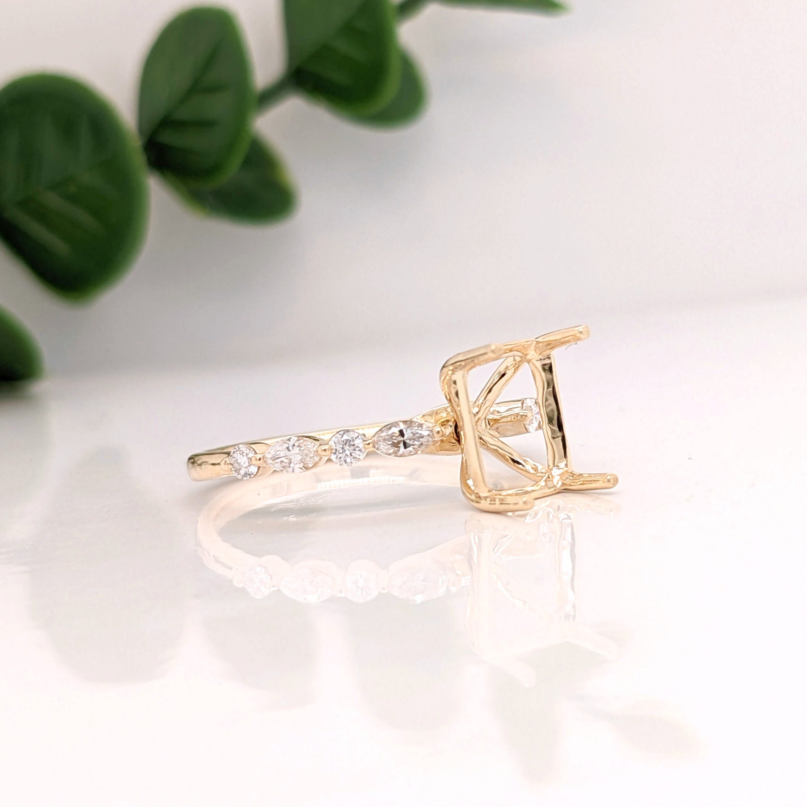 Elegant Round & Marquise Diamond Shank Ring Setting in 14K Solid Gold ...