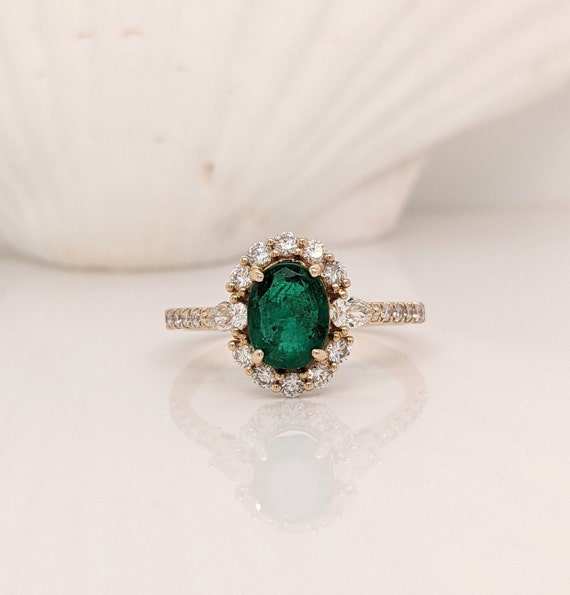 Buy Emerald Ring in 14k Yellow Gold W Diamond Halo and Pear Diamond Accents Oval 8x6mm Pave Shank May Birthstone Green Gemstone Ring Online in India Etsy