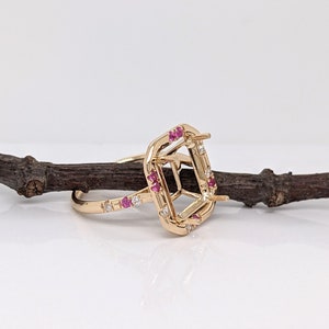 Pretty Emerald Cut Ring Setting W Natural Pink Sapphire & Diamond