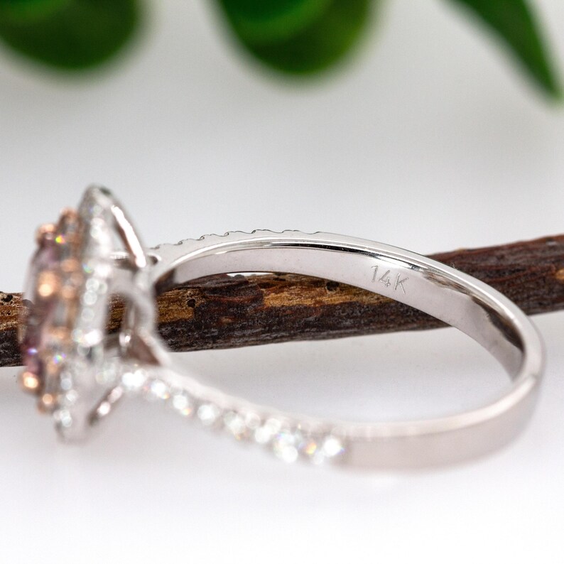 Cor De Rosa Morganite Double Diamond Halo Ring in Solid 14k White Gold | Cu 6mm
