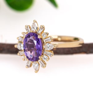 1.6ct Purple Sapphire Ring W Earth Mined Diamonds in Solid 14k Gold | Oval 8x6mm