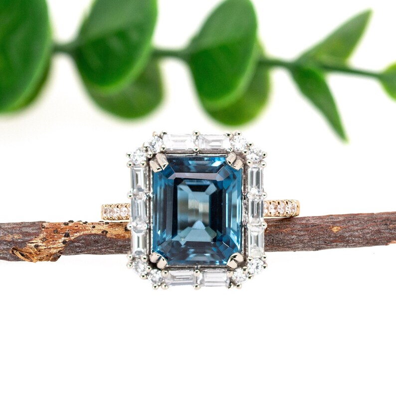 11x9mm 5.45cts London Blue Topaz and Earth Mined Diamonds Ring in 14k Dual Gold