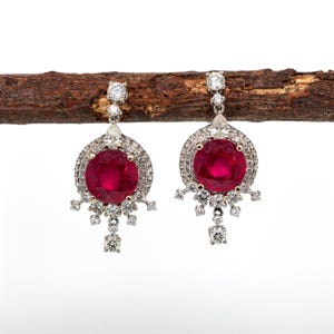 8mm, 5.6cts Madagascar Ruby & Natural Diamonds Dangle Earrings in Solid 14k Gold