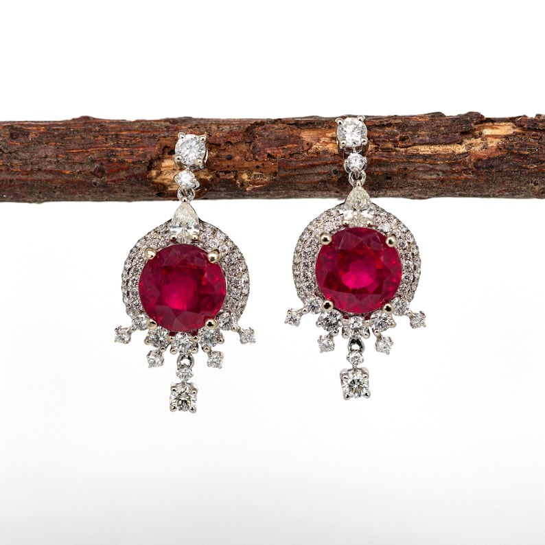 8mm, 5.6cts Madagascar Ruby & Natural Diamonds Dangle Earrings in Solid 14k Gold