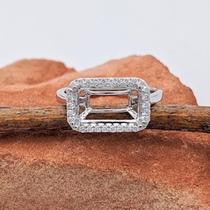 Emerald Cut East West Ring Semi Mount in 14k Solid White, Rose, or Yellow Gold w Pave Diamond Halo | Radiant 15x11mm Cushion | Custom Sizes