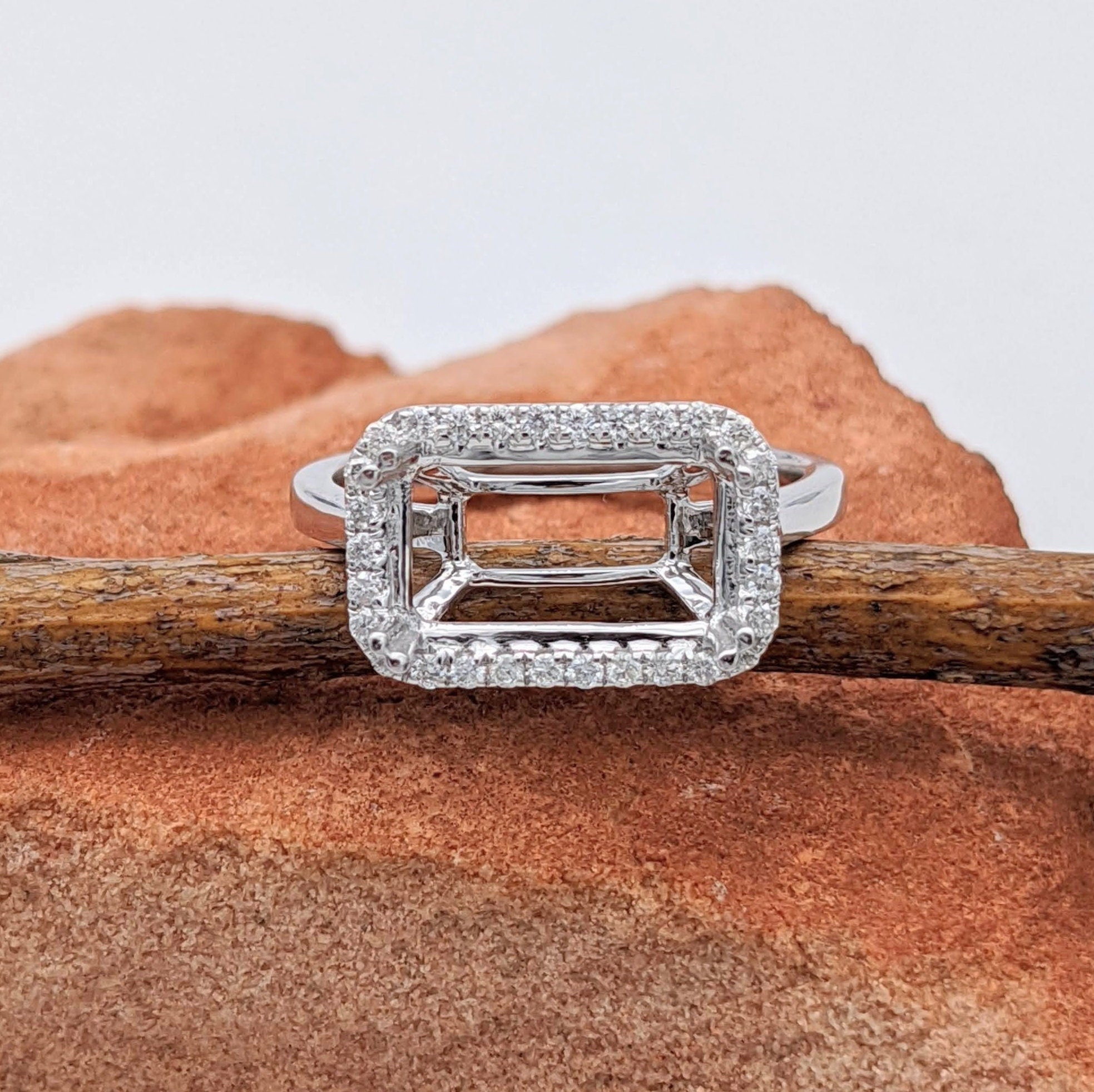Emerald Cut East West Ring Semi Mount in 14k Solid White, Rose, or Yellow  Gold W Pave Diamond Halo Radiant 15x11mm Cushion Custom Sizes - Etsy