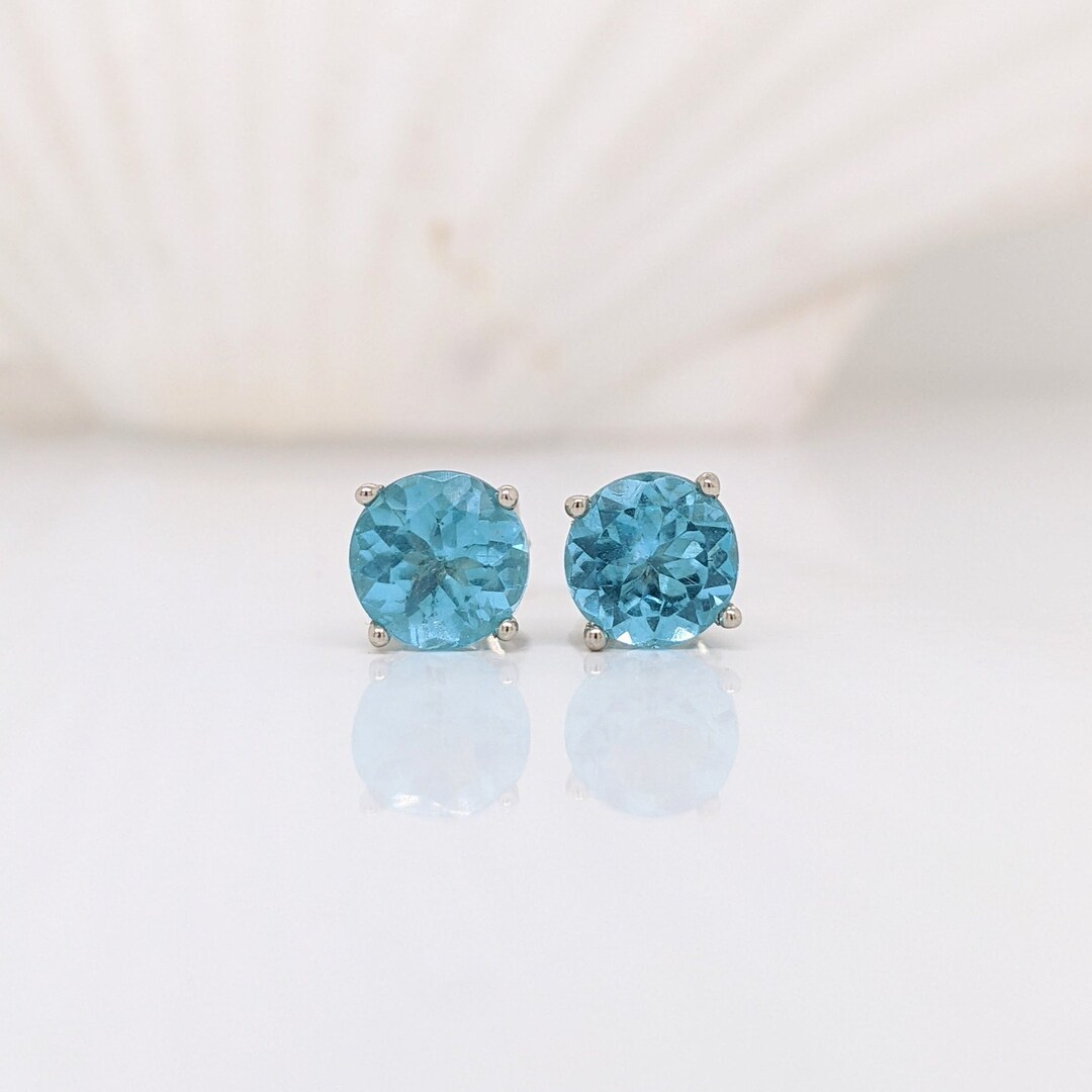 Bright Paraiba Apatite Stud Earrings in Solid 14k White, Yellow or Rose