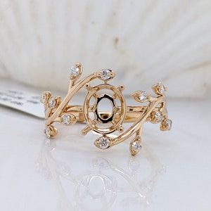 Cute Leafy Vine Ring Semi Mount in 14K Solid Gold with Round Natural Diamond Accents | Oval | Christmas Gift