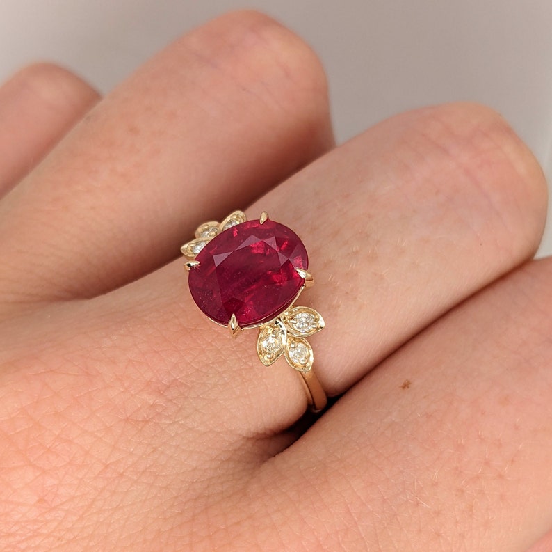 Radiant Red Ruby Ring in 14K Yellow, White or Rose Gold w/ Natural Diamond Accents Oval 10x8mm Floral Design July Birthstone Custom image 6