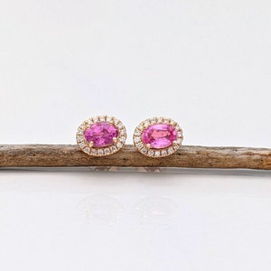 Adorable Pink Sapphire Studs with a Natural Diamond Halo in Solid 14k Rose, Yellow or White Gold | Oval 6x4mm | Minimalist Gemstone Earrings