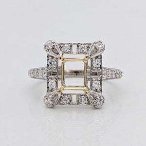 Art Deco Pave Diamond and 14k Solid Gold Ring Semi Mount / Radiant 6x5mm Emerald Cut / Antique Cushion Setting / Two Tone / Custom Jewelry