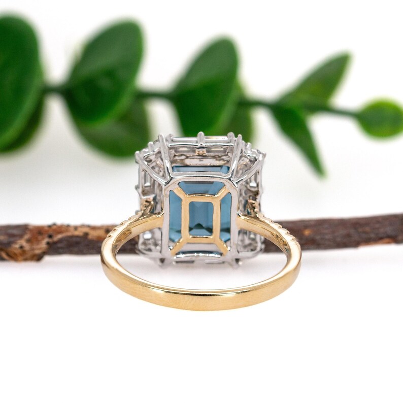 11x9mm 5.45cts London Blue Topaz and Earth Mined Diamonds Ring in 14k Dual Gold