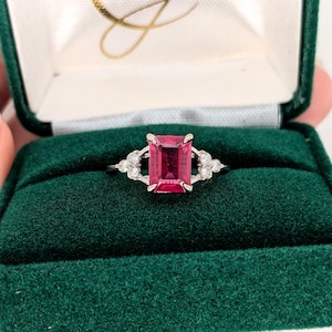 Cherry Red Ruby Ring w Natural Earth Mined Diamonds in Solid 14K Gold | Emerald Cut 8x6mm | July Birthstone | Daily Wear | Customizable