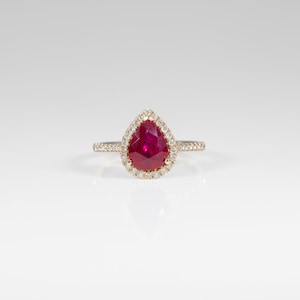 1.99ct GIA Certified Mozambique Ruby Ring with 38 Earth-Mined Diamond Accents in Solid 14K Yellow Gold – Pear, 9.02×6.99mm – Certified Gem