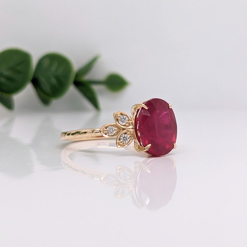 Radiant Red Ruby Ring in 14K Yellow, White or Rose Gold w/ Natural Diamond Accents Oval 10x8mm Floral Design July Birthstone Custom image 2