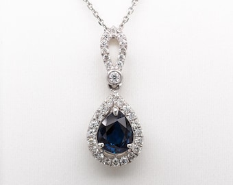 AA Blue Ceylon Sapphire Pendant with Natural Diamonds: 14K Solid White Gold, Handcrafted Jewelry | Pear Shape 6.5X4.5mm
