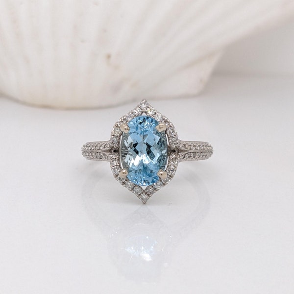 Lovely Aquamarine Ring w Natural Earth Mined Diamond Halo in Solid 14k White Gold || Oval 9x7mm || March Birthstone || Natural Gemstone ||