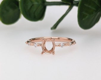 Classic Solitaire Ring Setting with Minimalist Trio Diamond Accented Shank 14K Gold | Oval Cut | Gemstone Ring Semi Mount | Customizable