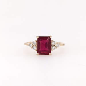 Stunning Pigeon Blood Red Madagascar Ruby Ring w Natural Diamonds in Solid 14K Gold | Emerald Cut 10x8mm | July Birthstone