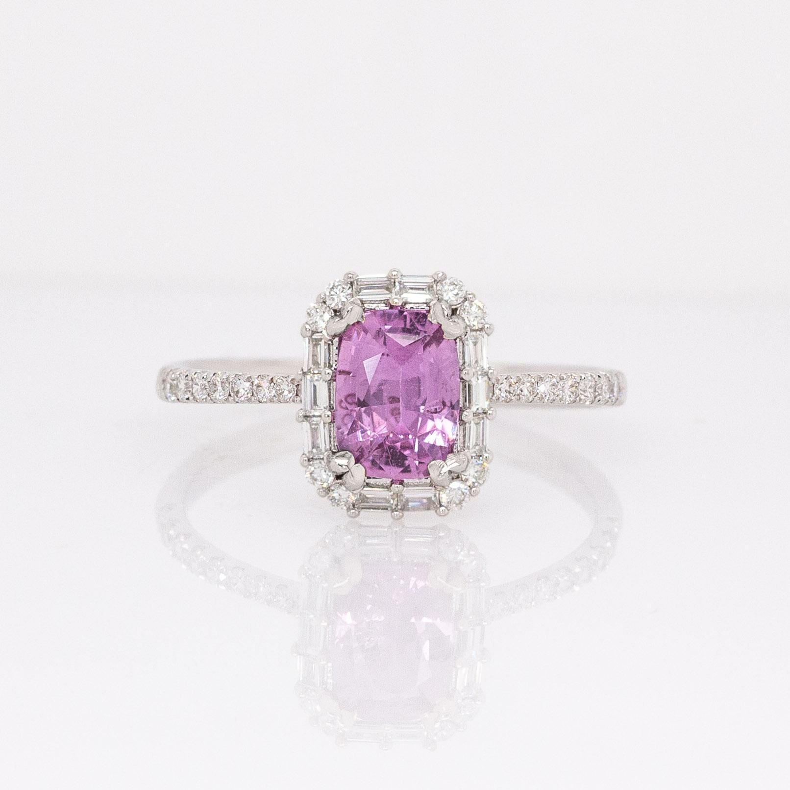 Pink Sapphire Ring With Natural Diamonds Accents: Solid 14k White