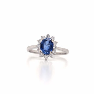 Blue Sapphire in 14K White Gold with Flower Diamond Halo I Oval 7x5mm Approx 1 carat Sapphire I Princess Diana Ring Style I Custom Available
