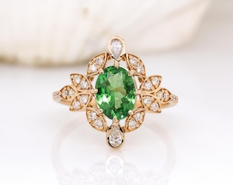Vintage Inspired 1.6cts Tsavorite Garnet Ring with Natural Diamonds: 14K Solid Yellow Gold, Handcrafted Jewelry | Oval Shape 9x7mm