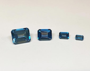 Topázio Azul Londres com Corte Esmeralda Natural: Gema facetada e calibrada, de um azul profundo e intenso, perfeita para a confecção de joias finas.