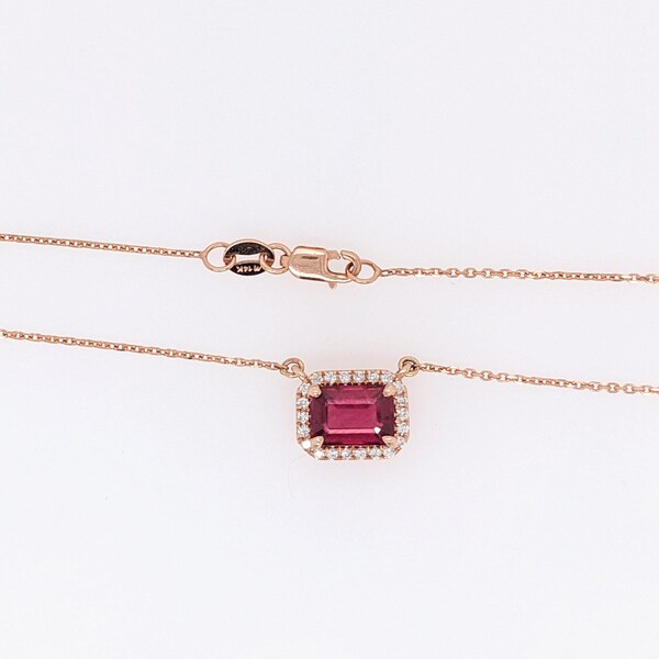 Timeless Ruby Necklace W Earth Mined Diamonds in Solid 14k Rose Gold Em Cut 7x5