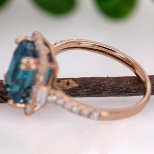 6.7cts Blue Zircon Ring W Earth Mined Diamonds in 14k Rose Gold | Em 9.5x7mm
