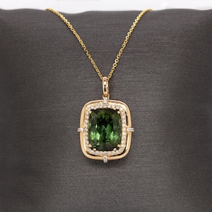 5.6cts Chrome Tourmaline Pendant with Natural Diamond Halo in Solid 14K Gold