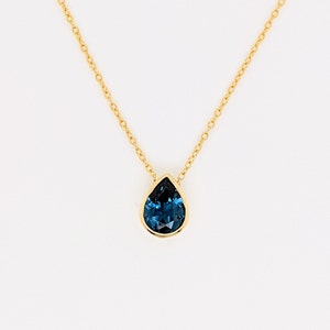 London Blue Topaz Bezel Set Necklace in 14k Yellow Gold | Pear 9x7mm | Minimalist | Dainty Pendant | December Birthstone | Ready to Ship!