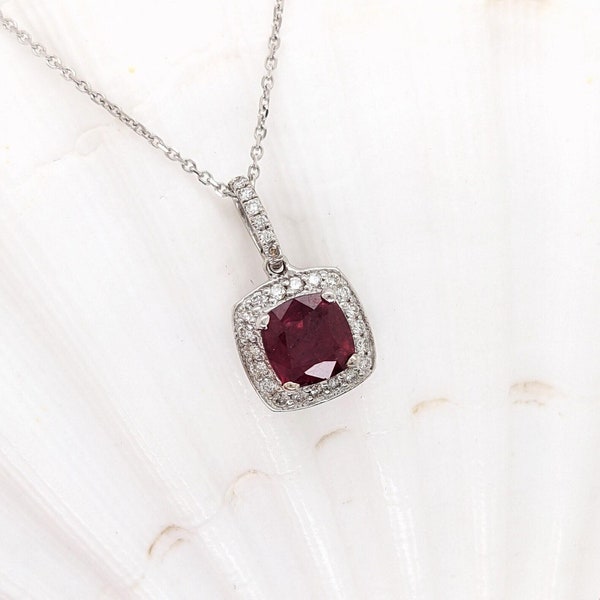 1.4ct Ruby Pendant W Earth Mined Diamonds in Solid 14k White Gold Cushion 6mm