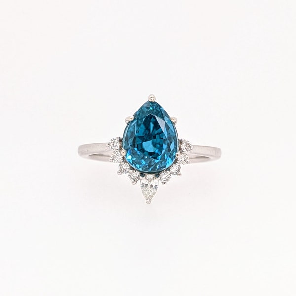 4.7ct Blue Zircon Ring W Earth Mined Diamonds in Solid 14k White Gold Pear 9x7mm