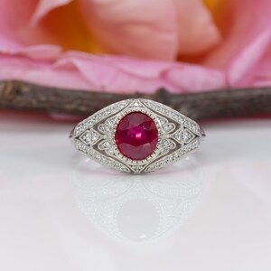 1.57ct GIA Certified Burma Ruby Ring with 54 Earth-Mined Diamond Accents in Solid 14K White Gold – Oval, 6.7×6.07mm – Certified Burmese Red