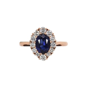 1.75ct Ceylon Sapphire Ring With Natural Diamond Halo in 14k Solid Gold | Ov 8x6