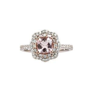 Cor De Rosa Morganite Double Diamond Halo Ring in Solid 14k White Gold | Cu 6mm