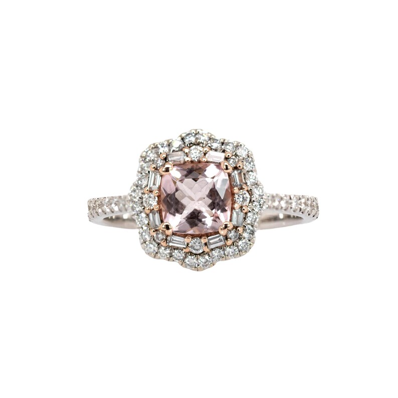 Cor De Rosa Morganite Double Diamond Halo Ring in Solid 14k White Gold | Cu 6mm