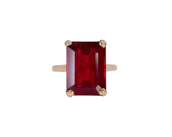 Estate 13.9ct Madagascar Ruby Ring in Solid 10K Yellow Gold – Emerald Cut, 15×11mm – Bold Statement Estate Ring