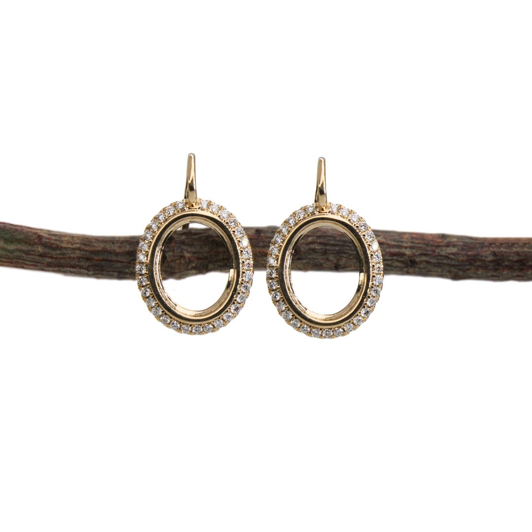 Gleaming 14K Solid Gold Earring Setting: Natural Diamonds Halo, Ear ...