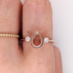 Three Stone Bezel Set Ring Semi Mount w Bezel Set Round Natural Diamond Accents in 14k Gold | Pear | 6x4 7x5 8x6 9x7 10x8 | Customizable