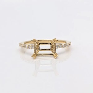 Simple East-West Ring Semi Mount in 14k Solid Yellow, White or Rose Gold | Stone Setting | Emerald Cut 7x5, 8x6, 9x7, 10x8 | Custom