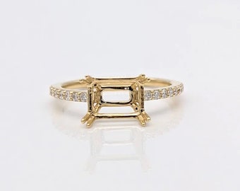 Simple East-West Ring Semi Mount in 14k Solid Yellow, White or Rose Gold | Stone Setting | Emerald Cut 5x3 6x4 7x5, 8x6, 9x7, 10x8 | Custom